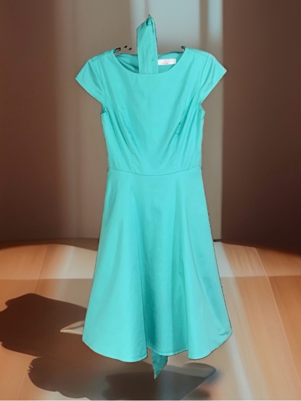 Dressystar Women's Bright Teal Fit & Flare Dress w/cap sleeves & tie belt-S-EC